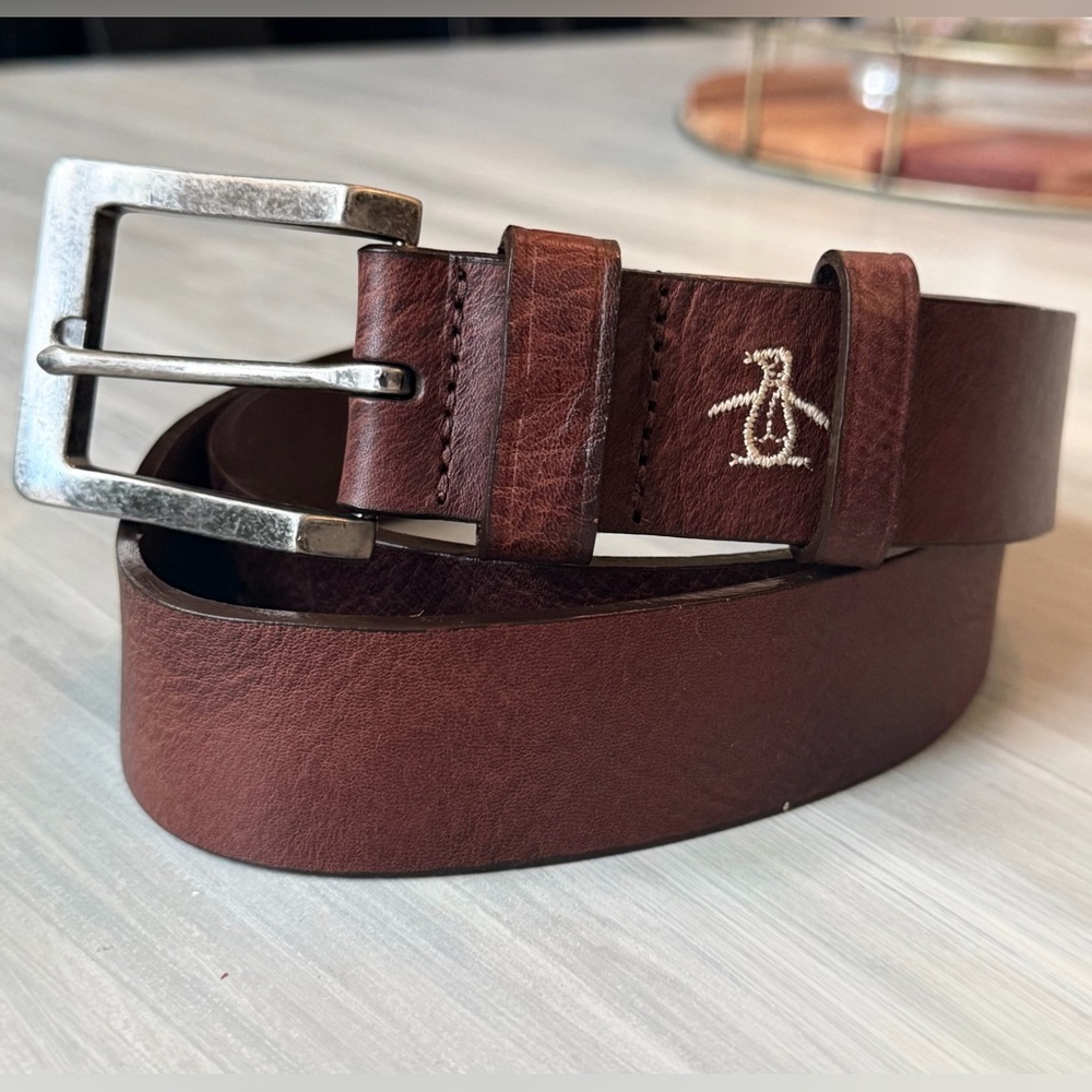 Original Penguin Genuine Leather Brown Belt Silver Etched Buckle 38/40